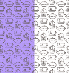 Tea time seamless pattern. Hand drawn ink brush icon style. Teapot, cup, cake dessert symbol outline style elements. Grey contours. White, green, yellow, lilac easy editable colors background. Vector