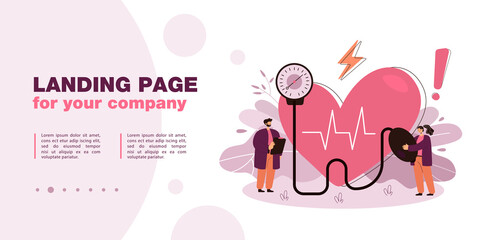 Tiny doctors checking blood pressure at hospital. Medical checkup, high risk of heart disease flat vector illustration. Cardiology, health concept for banner, website design or landing web page