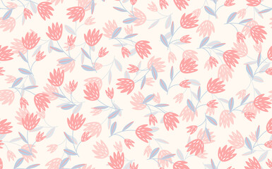 Seamless floral pattern based on traditional folk art ornaments. Colorful flowers on light background. Scandinavian style. Sweden nordic style. Vector illustration. Simple minimalistic pattern