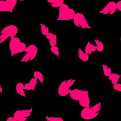 Fototapeta na wymiar Saint Valentine's day random seamless pattern. Winged heart bright pink silhouette endless texture. Valentine day boundless background. Doodle surface design for greeting card or invitation.