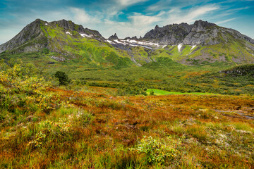 Beautiful mountain scenery landscape sunnmore area, norway during summer on a beautiful day with a few clouds