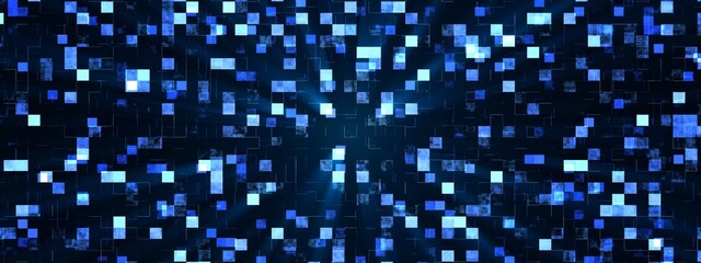 Abstract mosaic puzzle background. Texture of squares and lines. Design of technical interference. Maze. White noise. Pixels. Blue color. Glowing rays. Poster technology, social network, websites.