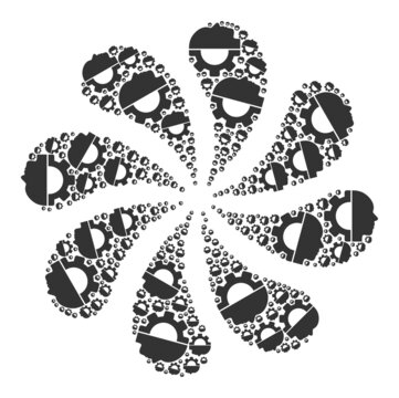 Cyborg head icon swirl cluster turbine fireworks composition. Turbine cyclone composed from scattered cyborg head symbols.