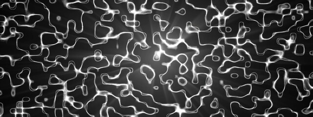 Neon abstract background. Texture of glowing lines. Design plexus of chaotic circles. Lightning flashes. Maze. Chemistry. Cell division. Glowing rays. Banner for technology, social networks, medicine.