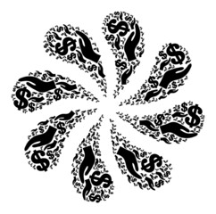 Donation hand icon rotation motion flower fireworks shape. Rotation cluster done from random donation hand symbols.