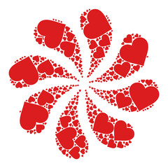 Heart icon swirl burst flower salute shape. Flower burst designed using random heart icons.
