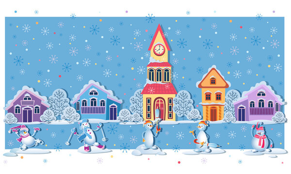 Snowman town. Winter street. Vector poster with cartoon houses. Design for a cover, illustration of a childrens book, notebook. Vector illustration. 