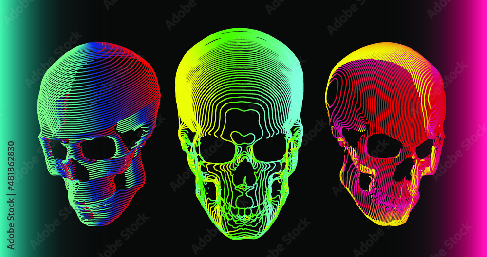 Poster 3 psychedelic gradient colorful skull vector illustration in abstract minimal line-art style isolate