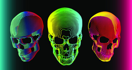 3 psychedelic gradient colorful skull vector illustration in abstract minimal line-art style isolated on dark background.