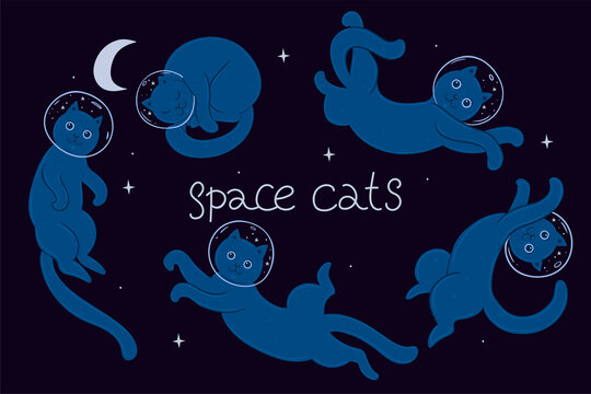 Set of cute space cats. Vector graphics.
