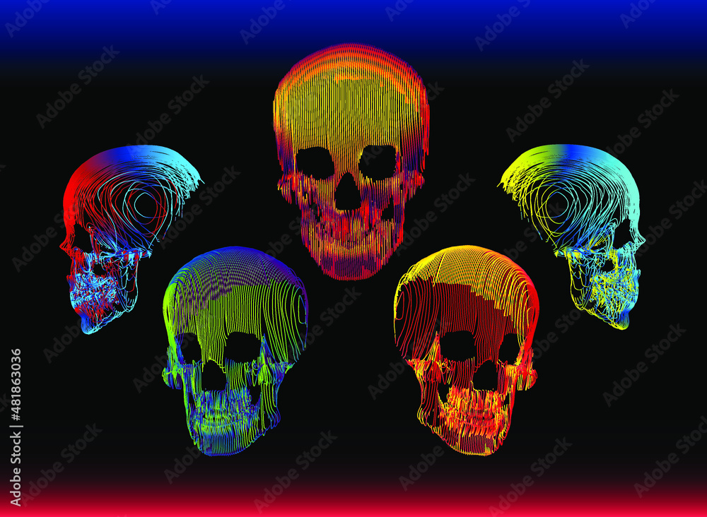 Poster 5 psychedelic gradient colorful skull vector illustration in abstract minimal line-art style isolate