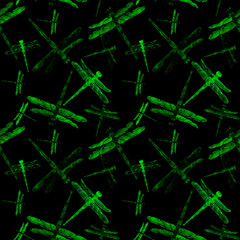 Gree color dragonflies in seamless pattern on black background. Design for textile, backgrounds and packaging. Swarm of insects. 