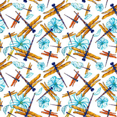 Watercolor handdrawn dragonflies and flowers in seamless pattern on white background. Blue poppy Design for textile, wallpaper, backgrounds and packaging. Raster illustration. Swarm of insects.