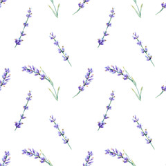 Seamless lavender pattern. Watercolor floral background with violet and blue summer flowers, branches for wrapping paper, wallpaper textile