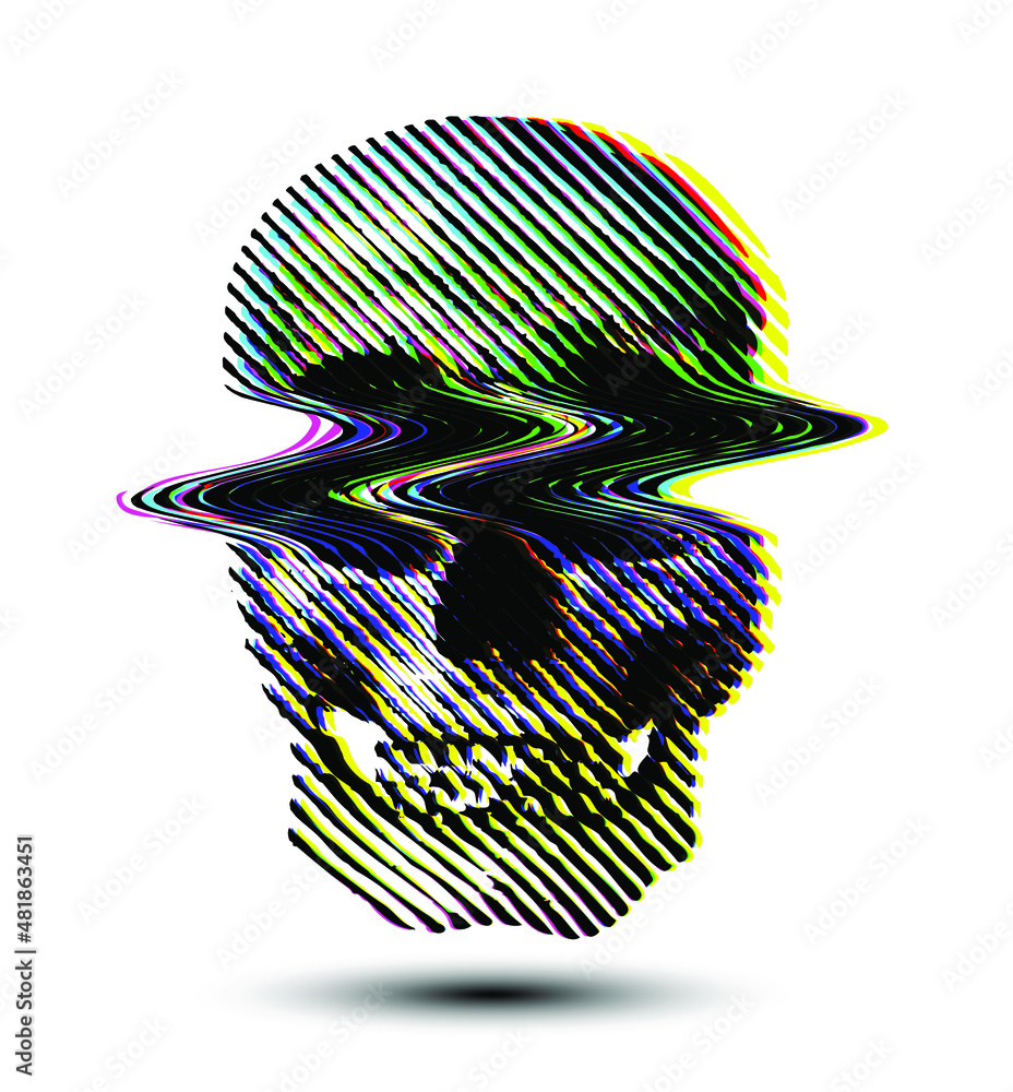 Poster rgb color glitched line halftone skull from 3d rendering. black and white vector illustration.