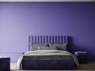Bedroom in very peri color year.  bright empty lilac wall and a purple lavender bed. Periwinlke, amethyst, cornflower colors of room interior design blank. 3d render
