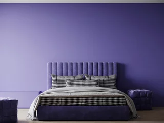 Papier Peint photo Lavable Pantone 2022 very peri Bedroom in very peri color year.  bright empty lilac wall and a purple lavender bed. Periwinlke, amethyst, cornflower colors of room interior design blank. 3d render