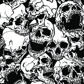 Black and white skulls vector seamless pattern. Hand drawn vector illustration in modern style tattoo.