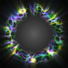 Energy neon sphere frame. Texture smooth glowing lines. Design chaotic circles, cosmic body, bundle energy. Rainbow color. Sparkling lightning. Glowing rays. Poster  technology, social networks.