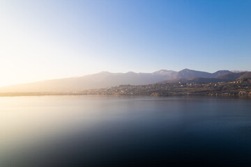 Beautiful sunset on Lake Pusiano. Aerial shot.