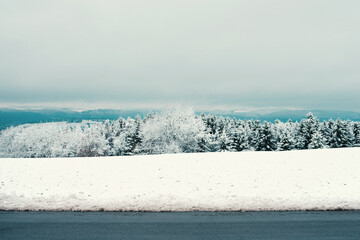 Landscape in the snow, wintertime in Germany, forest and mountains, Moselle Valley