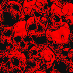 Red skulls vector seamless pattern. Hand drawn vector illustration in modern style tattoo.