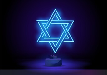 Neon sign Happy sign of Hanukkah. Vector background of Chanukah with menorah and star of David. An elegant greeting card, a Hanukkah symbol, a template. Neon sign on stand