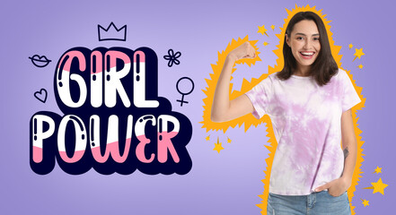 Strong young woman and text GIRL POWER on color background. International Women's Day