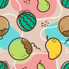 seamless pattern fruits. watermelon, coconut, avocado and mango