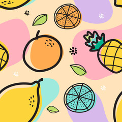 seamless pattern with fruits. Orange, Pineapple, Lemon and leaf