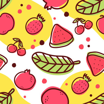 seamless pattern fruits. strawberry, watermelon, cherry, pomegranate, apple and leaf