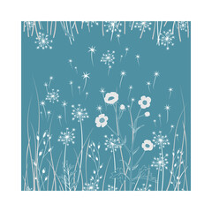 Group of meadow plants with Dandelion flower seeds in the air, colored white on the blue background, vertically striped.