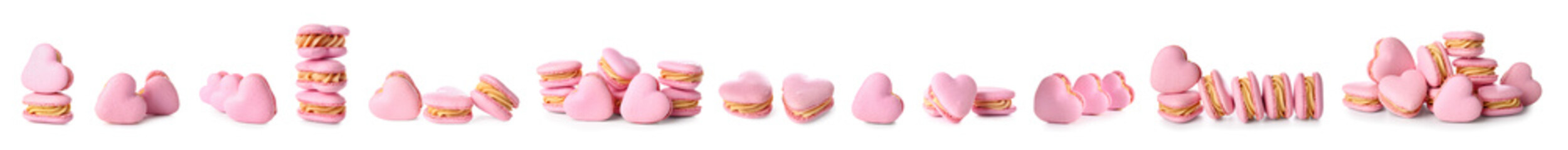 Tasty heart-shaped macaroons on white background. Valentine's Day celebration