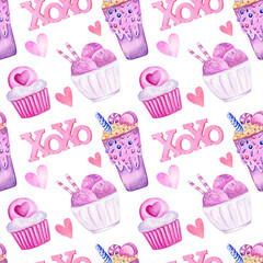 Watercolor seamless pattern with valentine’s day sweets, cocktails, ice cream, ornament on white background.