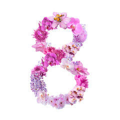 Figure 8 made of beautiful flowers on white background