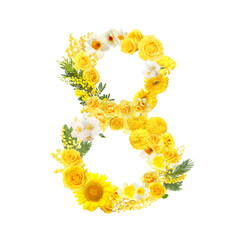 Figure 8 made of beautiful yellow flowers on white background