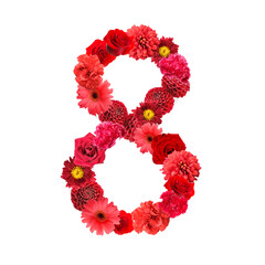 Figure 8 made of beautiful red flowers on white background