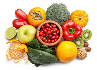 Different healthy products on white background