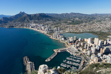 aerial view of urban architecture and the marina of Calpe beautiful travel destination on the Mediterranean coast in Spain