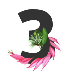 Letter number 3. Monogram decorated from exotic tropical Watercolor Flowers