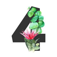 Letter number 4. Monogram decorated from exotic tropical Watercolor Flowers - 481865684