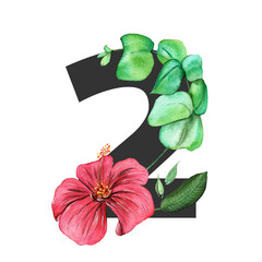 Letter number 2. Monogram decorated from exotic tropical Watercolor Flowers