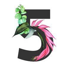 Letter number 5. Monogram decorated from exotic tropical Watercolor Flowers - 481865687
