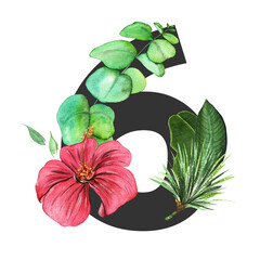 Letter number 6. Monogram decorated from exotic tropical Watercolor Flowers - 481865688