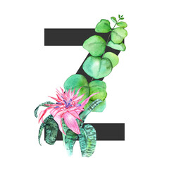 Letter Z. Monogram decorated from exotic tropical Watercolor Flowers