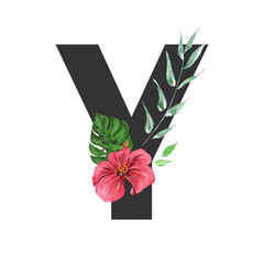 Letter Y. Monogram decorated from exotic tropical Watercolor Flowers
