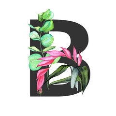 Letter B. Monogram decorated from exotic tropical Watercolor Flowers - 481866078