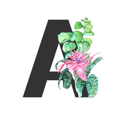 Letter A. Monogram decorated from exotic tropical Watercolor Flowers