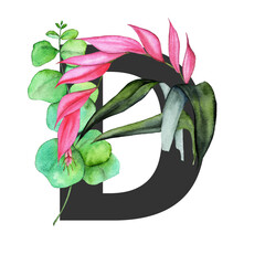 Letter D. Monogram decorated from exotic tropical Watercolor Flowers