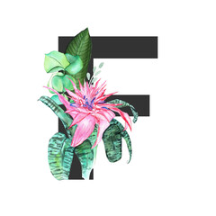 Letter F. Monogram decorated from exotic tropical Watercolor Flowers